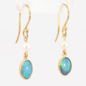 Yellow Gold Blue Green Doublet Opal and Pearl Earrings