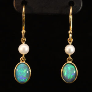 Yellow Gold Blue Green Doublet Opal and Pearl Earrings