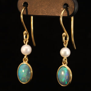 Yellow Gold Blue Green Doublet Opal and Pearl Earrings