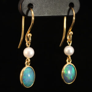 Yellow Gold Blue Green Doublet Opal and Pearl Earrings