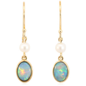 Yellow Gold Blue Green Yellow Orange Red Doublet Opal and Pearl Earrings
