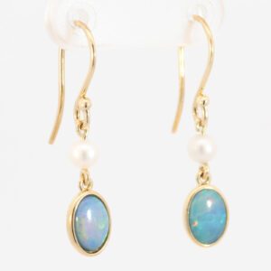 Yellow Gold Blue Green Yellow Orange Red Doublet Opal and Pearl Earrings
