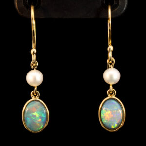 Yellow Gold Blue Green Yellow Orange Red Doublet Opal and Pearl Earrings