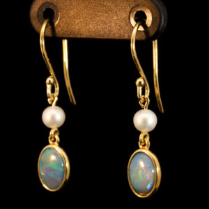 Yellow Gold Blue Green Yellow Orange Red Doublet Opal and Pearl Earrings