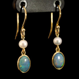 Yellow Gold Blue Green Yellow Orange Red Doublet Opal and Pearl Earrings