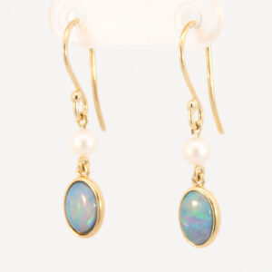 Yellow Gold Blue Green Yellow Orange Red Doublet Opal and Pearl Earrings