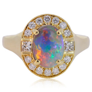 Yellow Gold Blue Green Yellow Orange Red Semi Black Opal and Diamond Ring