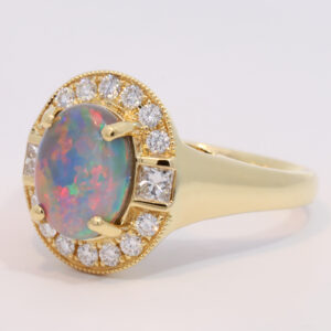Yellow Gold Blue Green Yellow Orange Red Semi Black Opal and Diamond Ring