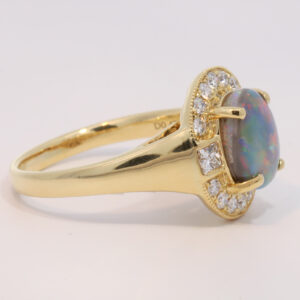 Yellow Gold Blue Green Yellow Orange Red Semi Black Opal and Diamond Ring