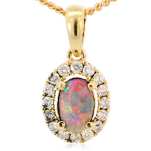 Yellow Gold Blue Green Red Black Opal and Diamond Pendant