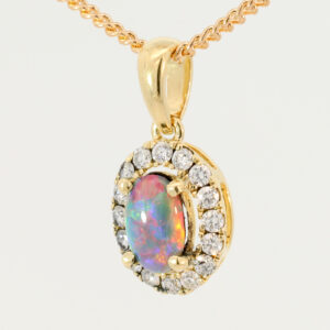 Yellow Gold Blue Green Red Black Opal and Diamond Pendant