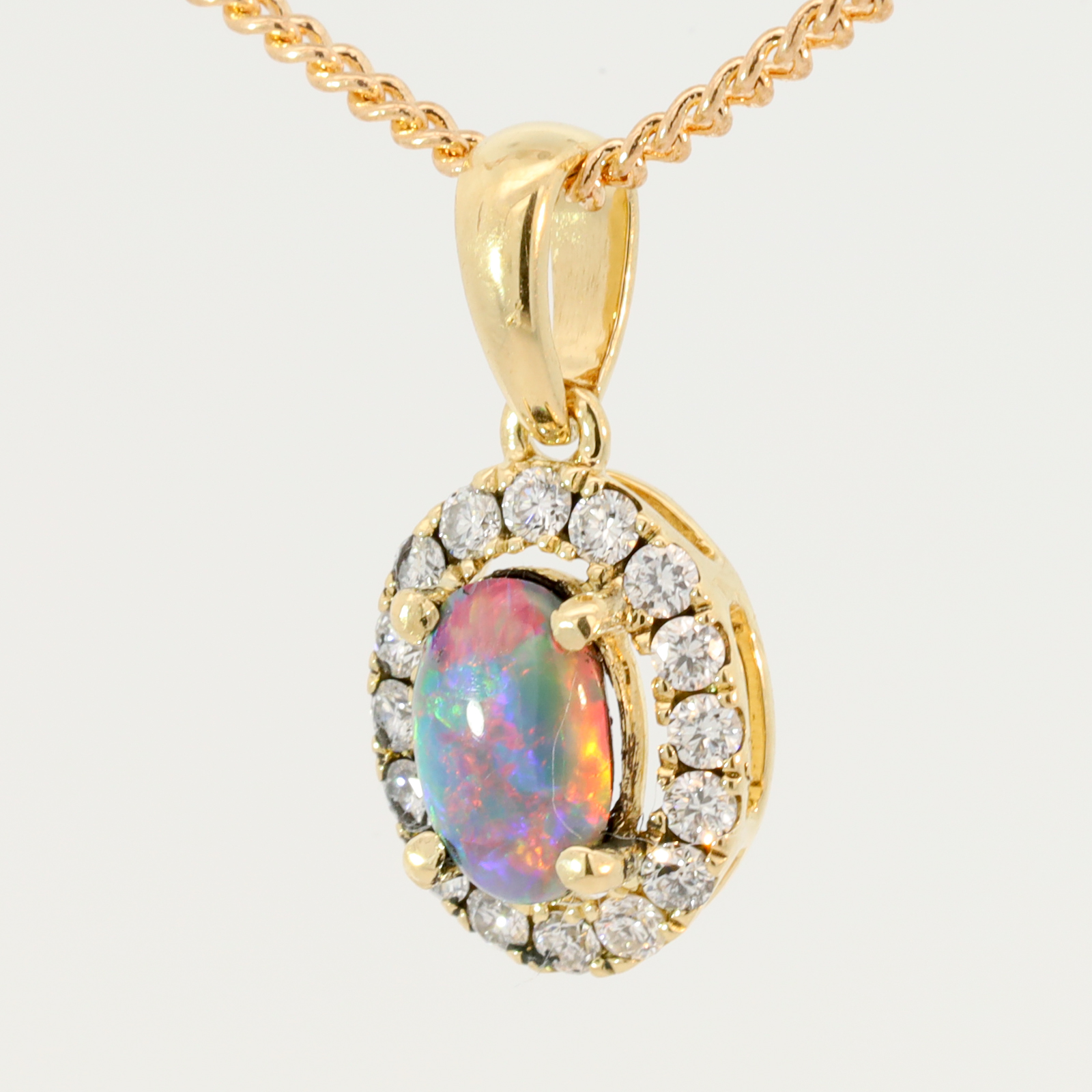 Yellow Gold Blue Green Red Black Opal and Diamond Pendant