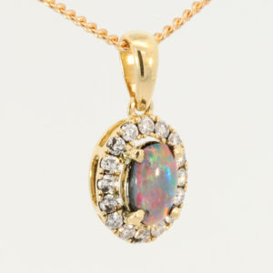 Yellow Gold Blue Green Red Black Opal and Diamond Pendant