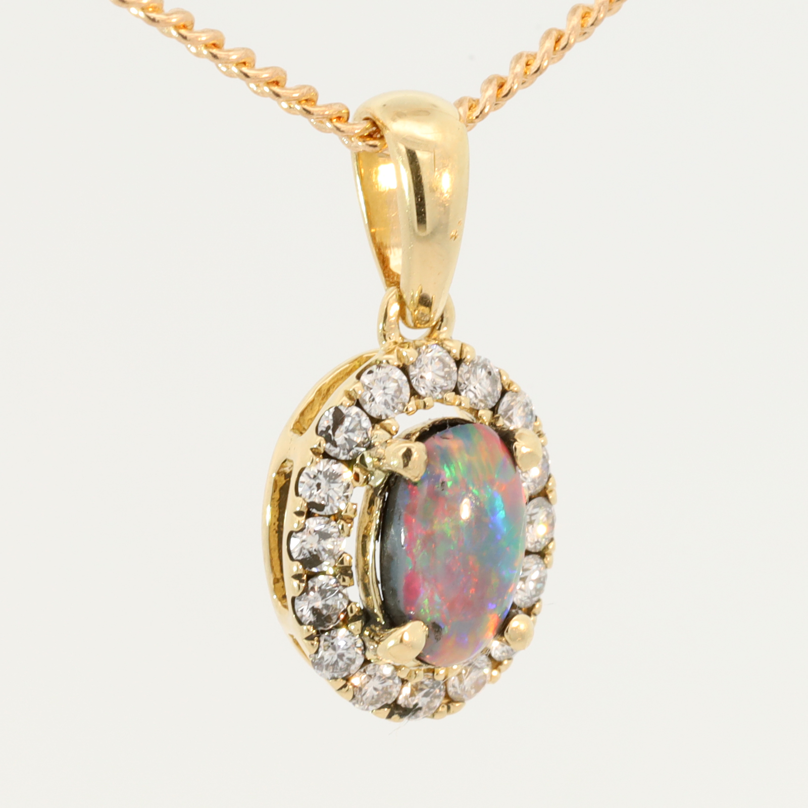 Yellow Gold Blue Green Red Black Opal and Diamond Pendant