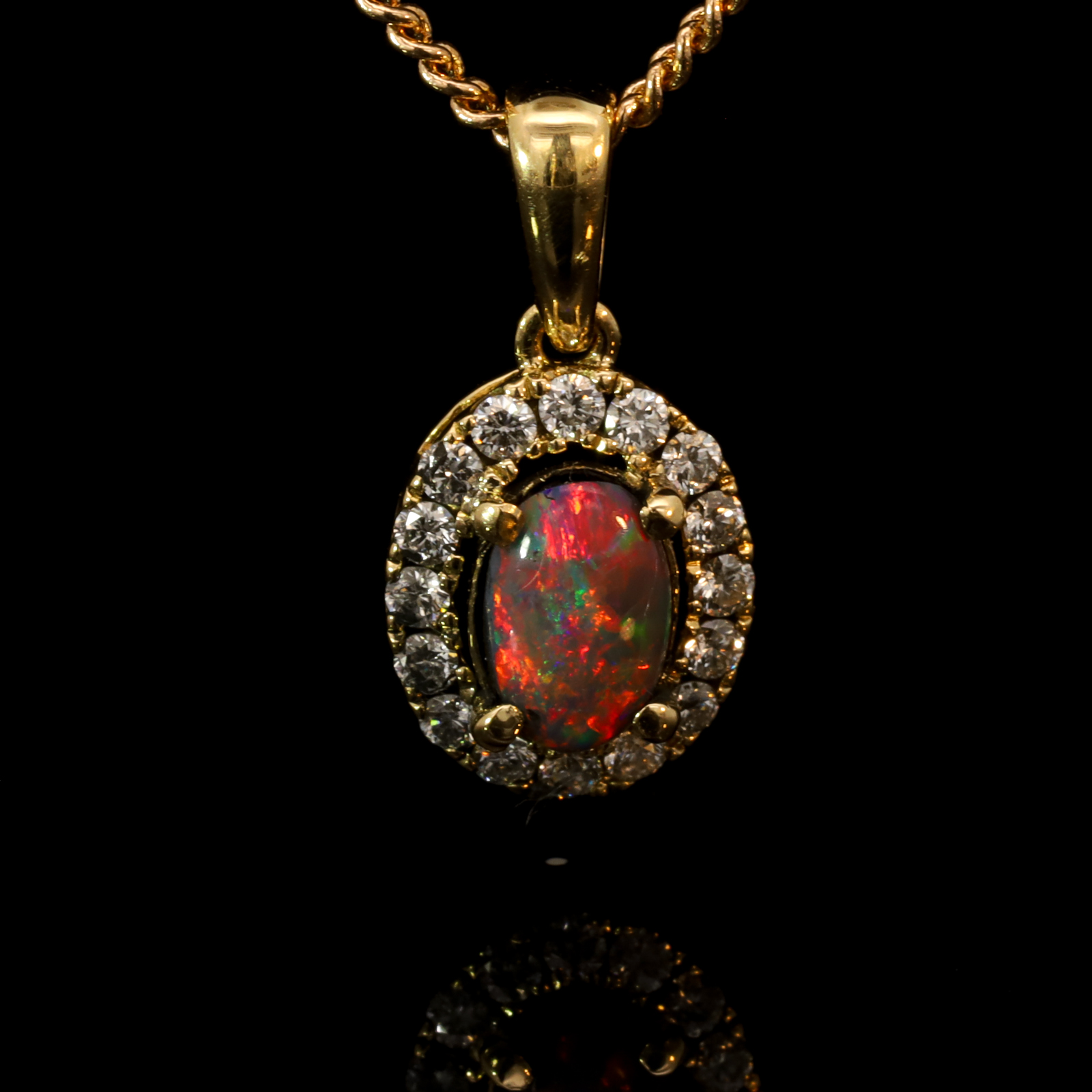 Yellow Gold Blue Green Red Black Opal and Diamond Pendant