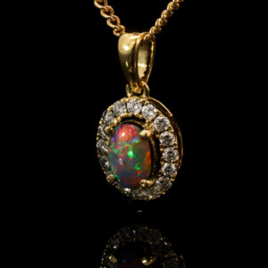 Yellow Gold Blue Green Red Black Opal and Diamond Pendant