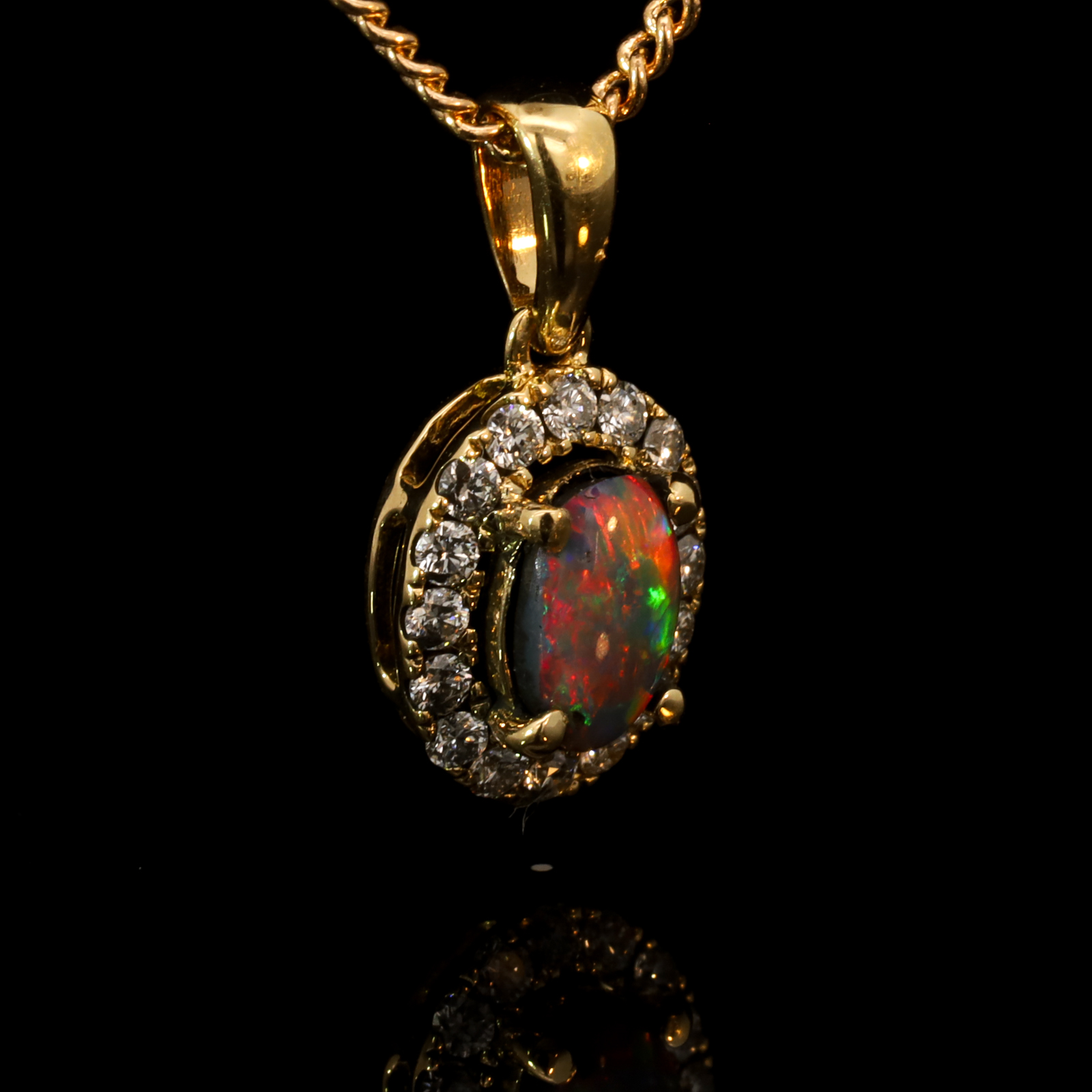 Yellow Gold Blue Green Red Black Opal and Diamond Pendant
