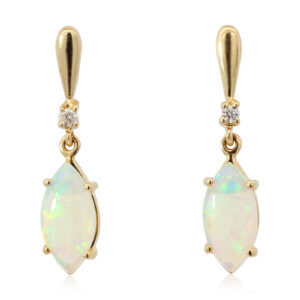 Yellow Gold Blue Green Yellow Orange Crystal Opal and Diamond Earrings