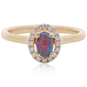 Yellow Gold Blue Green Red Black Opal and Diamond Ring