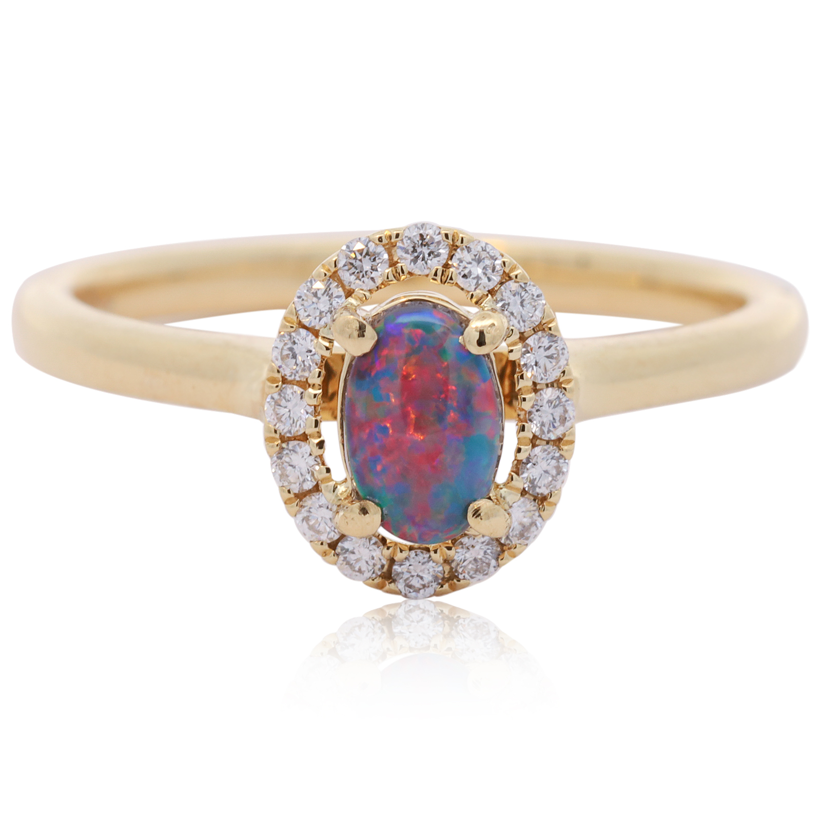 Yellow Gold Blue Green Red Black Opal and Diamond Ring