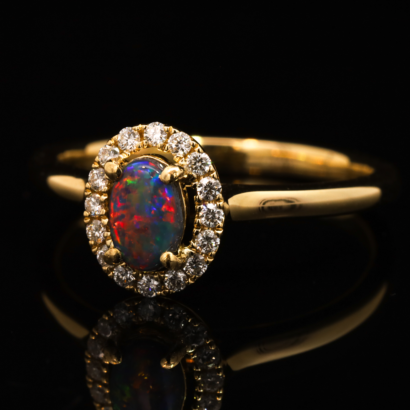 Yellow Gold Blue Green Red Black Opal and Diamond Ring