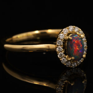 Yellow Gold Blue Green Red Black Opal and Diamond Ring