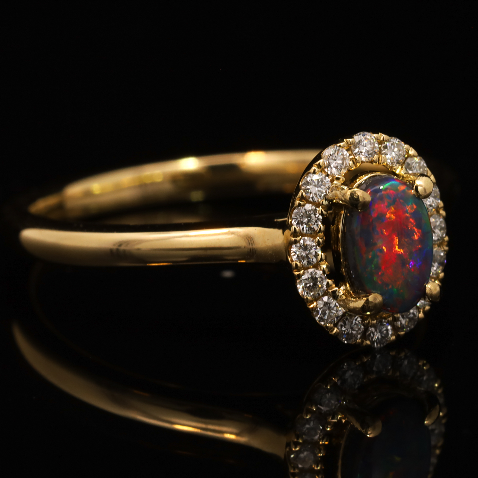 Yellow Gold Blue Green Red Black Opal and Diamond Ring