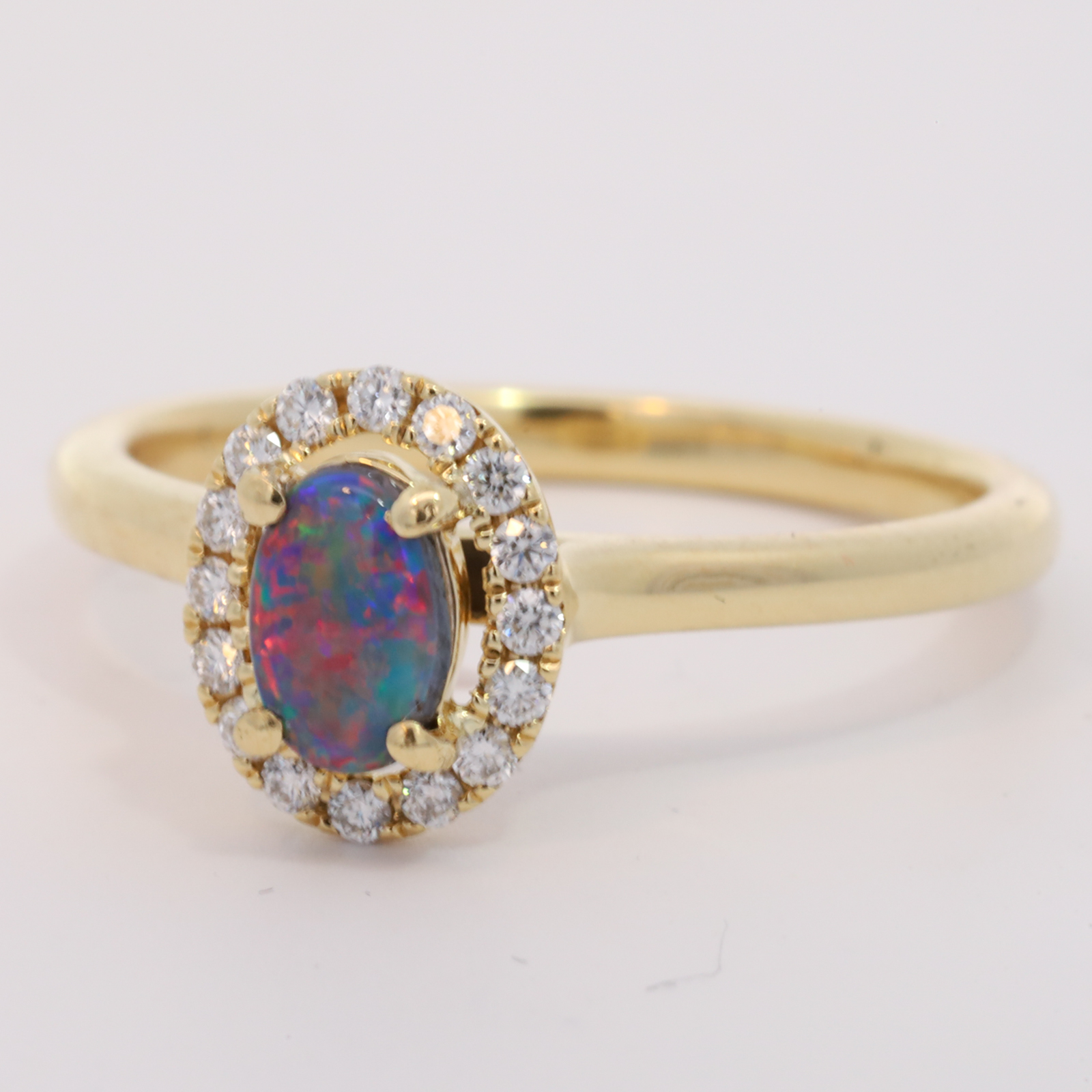 Yellow Gold Blue Green Red Black Opal and Diamond Ring