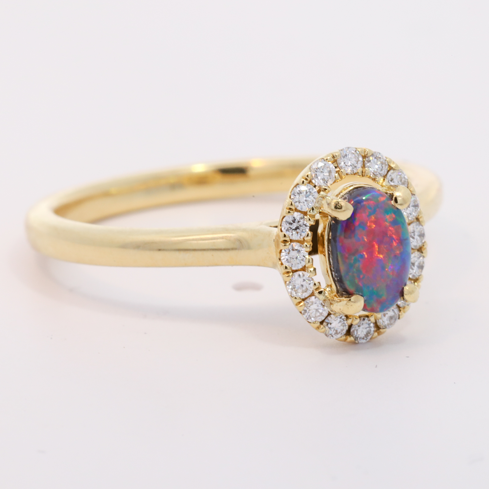 Yellow Gold Blue Green Red Black Opal and Diamond Ring