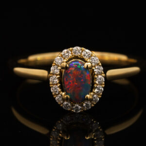 Yellow Gold Blue Green Red Black Opal and Diamond Ring