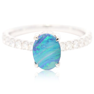 White Gold Blue Green Purple Boulder Opal and Diamond Ring