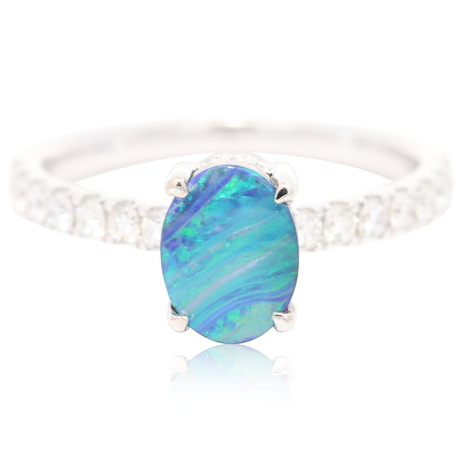 White Gold Blue Green Purple Boulder Opal and Diamond Ring
