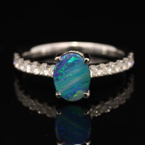 White Gold Blue Green Purple Boulder Opal and Diamond Ring