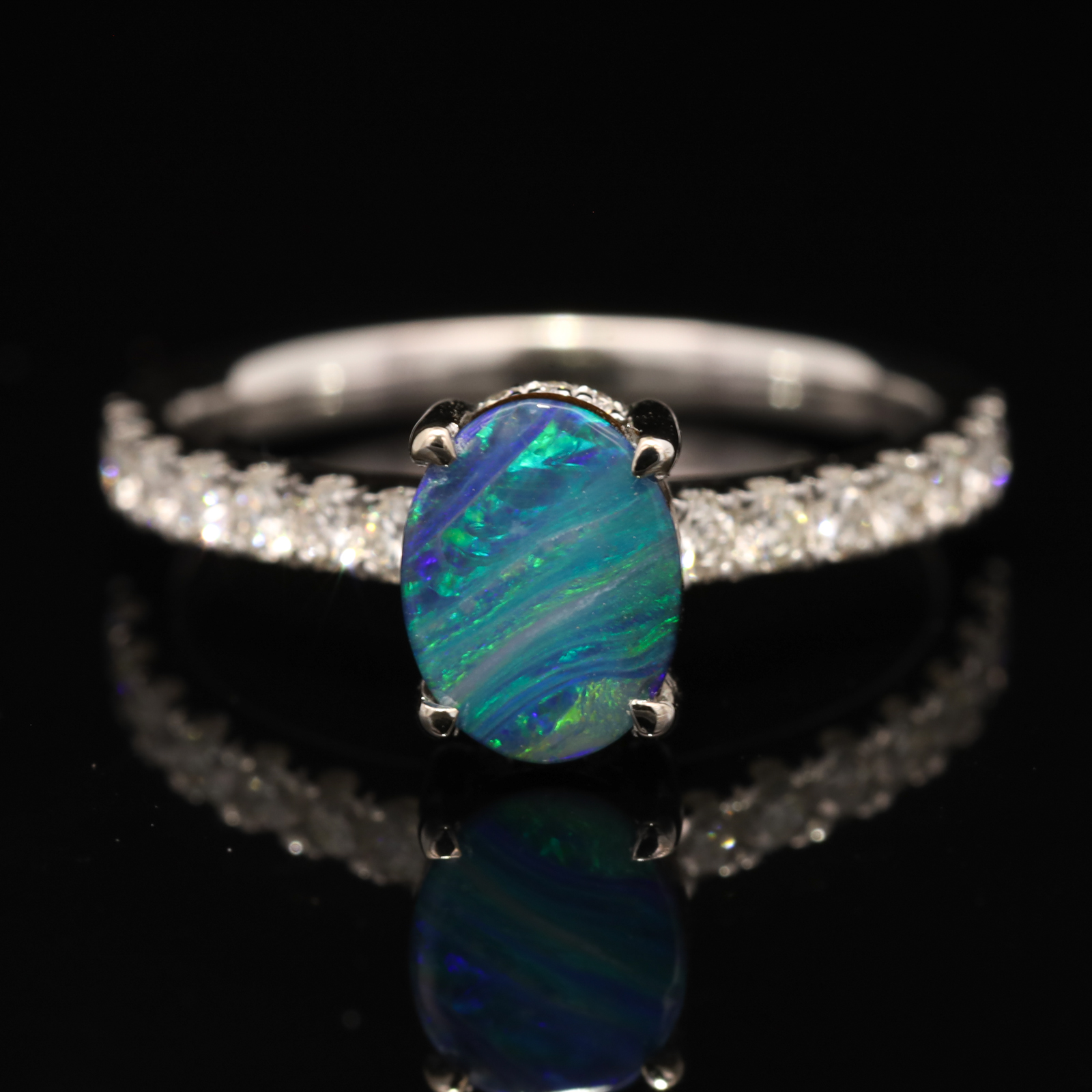 White Gold Blue Green Purple Boulder Opal and Diamond Ring