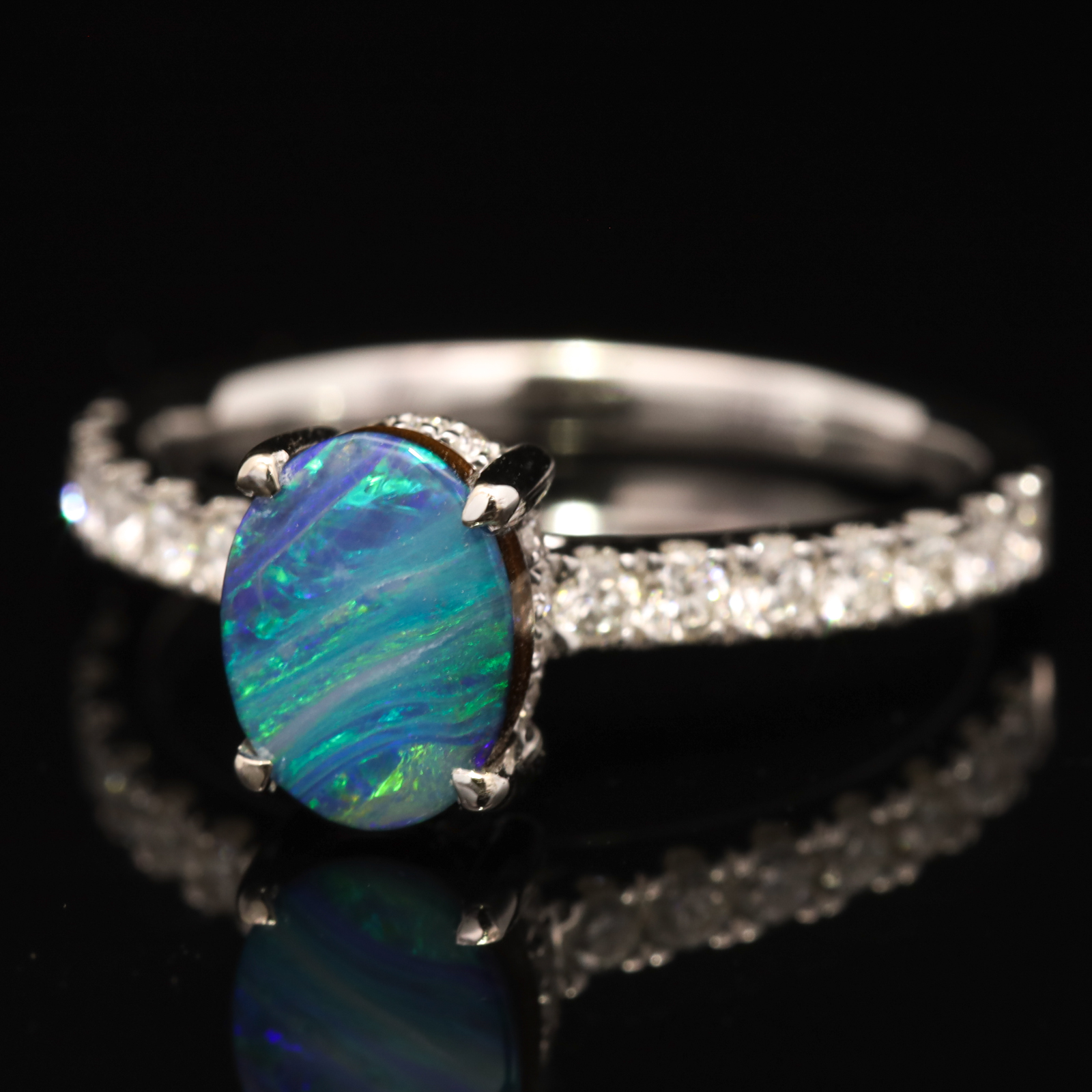 White Gold Blue Green Purple Boulder Opal and Diamond Ring