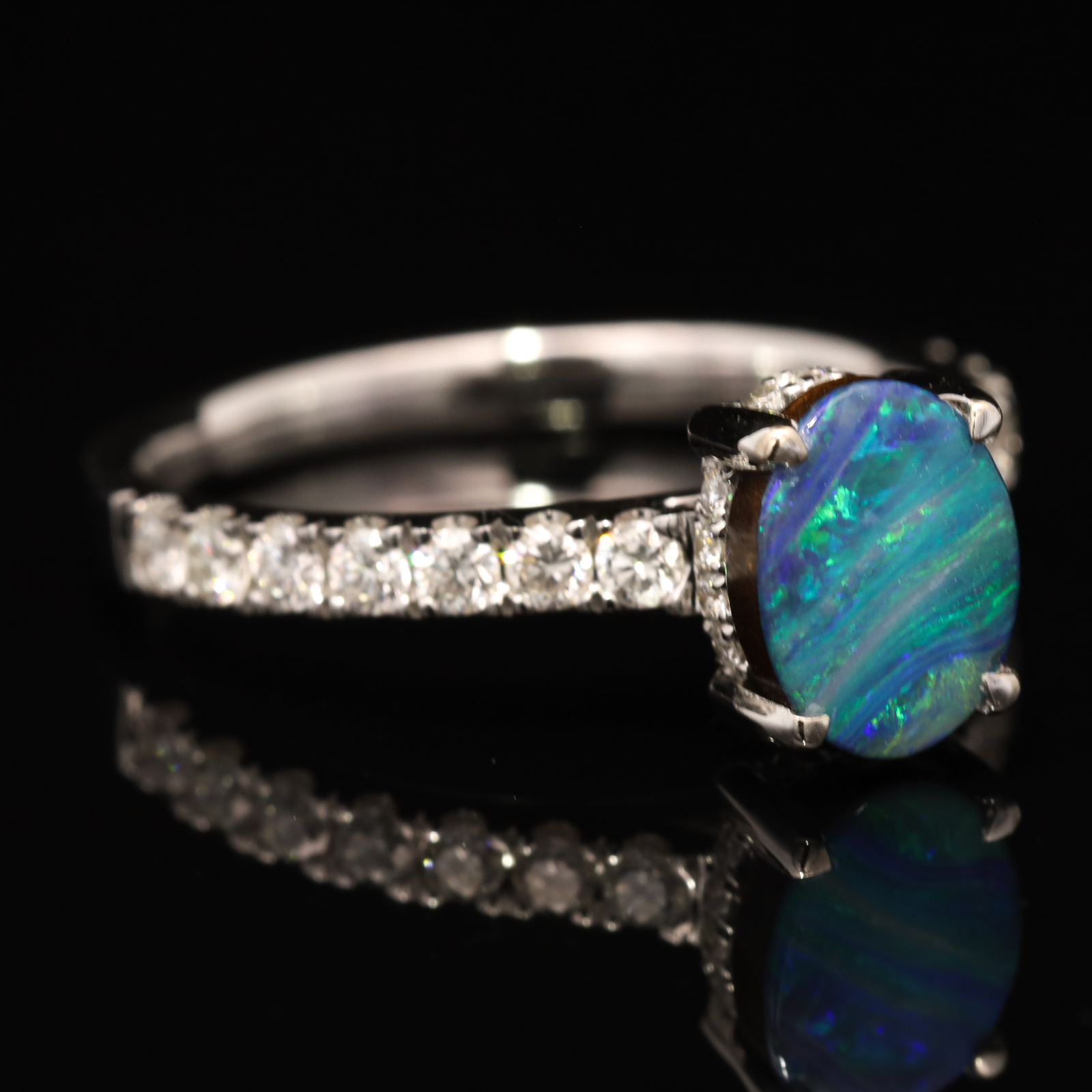 White Gold Blue Green Purple Boulder Opal and Diamond Ring
