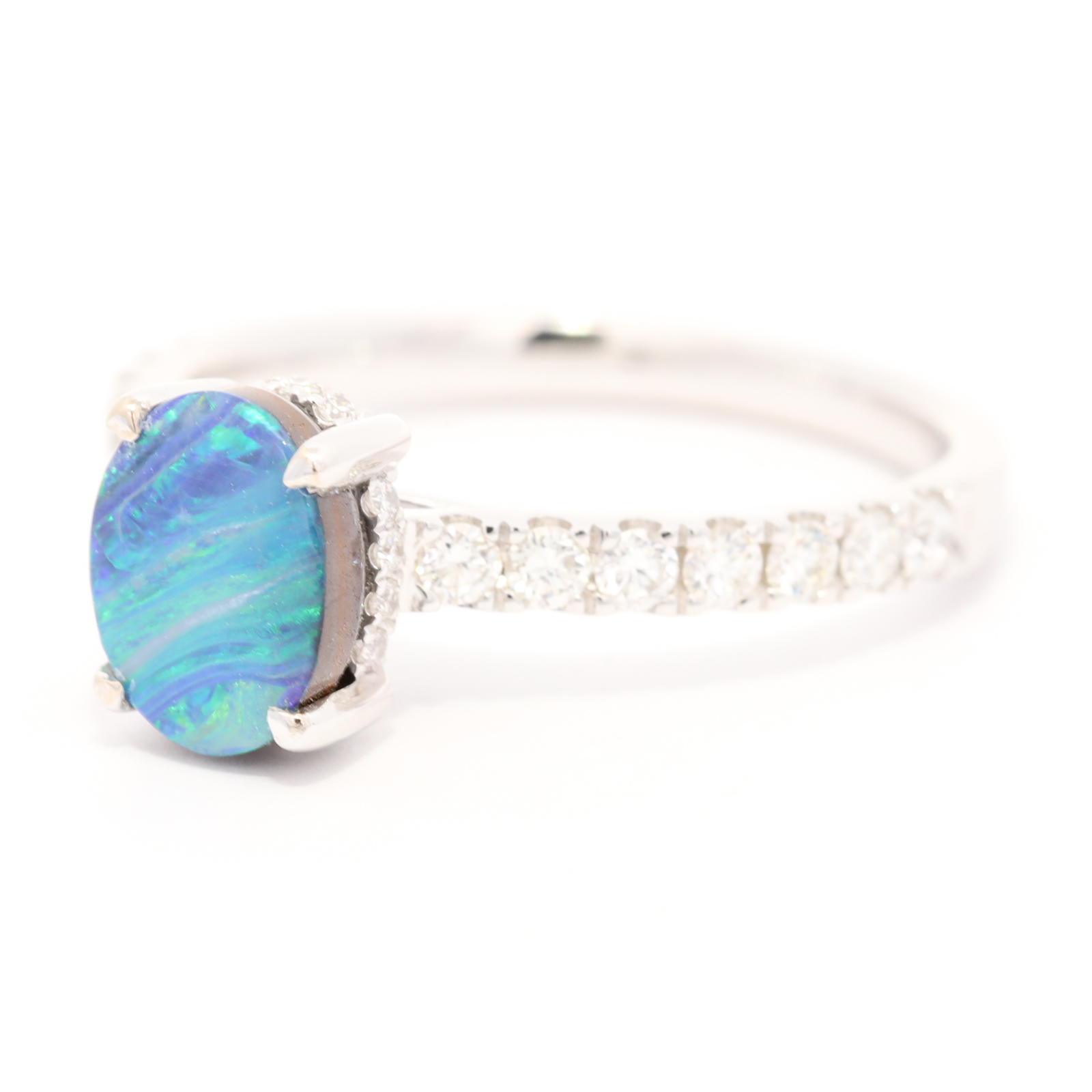 White Gold Blue Green Purple Boulder Opal and Diamond Ring