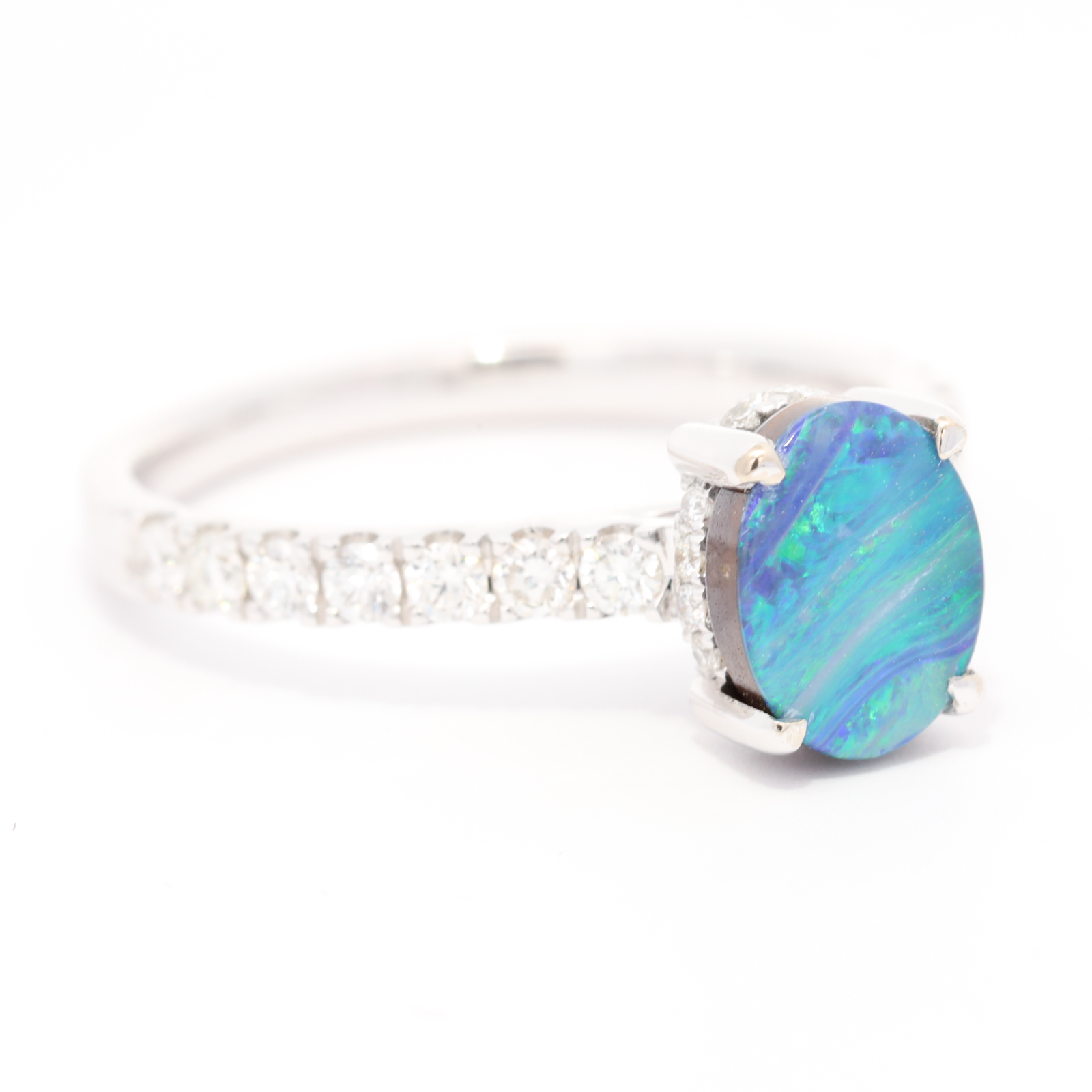 White Gold Blue Green Purple Boulder Opal and Diamond Ring