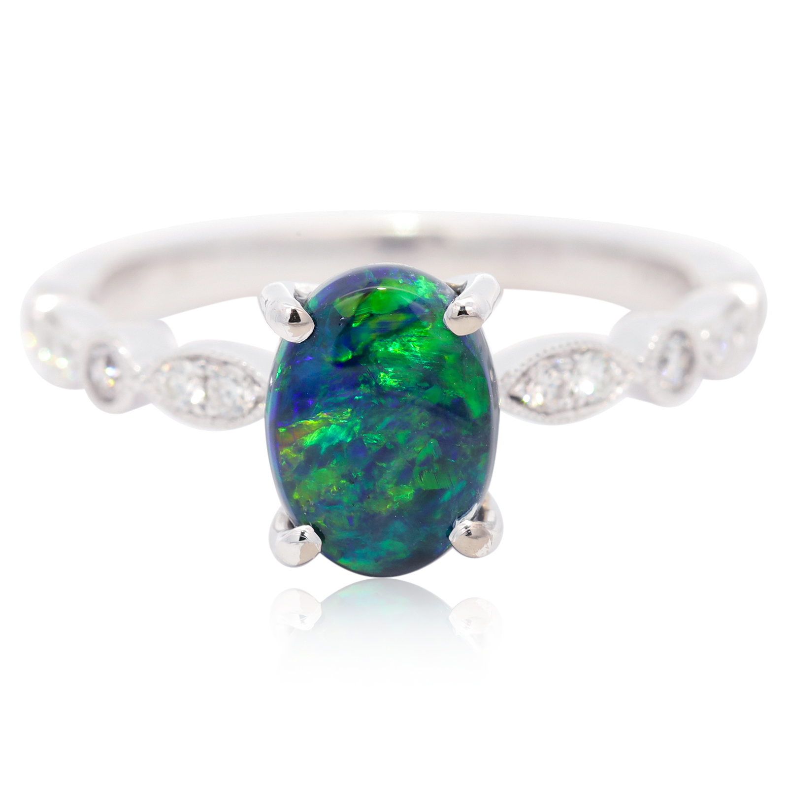 White Gold Blue Green Yellow Black Opal and Diamond Ring