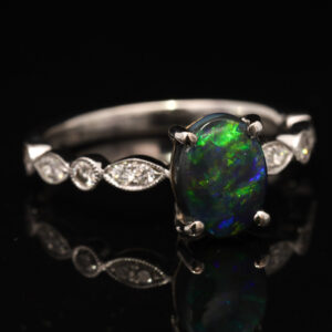 White Gold Blue Green Yellow Black Opal and Diamond Ring