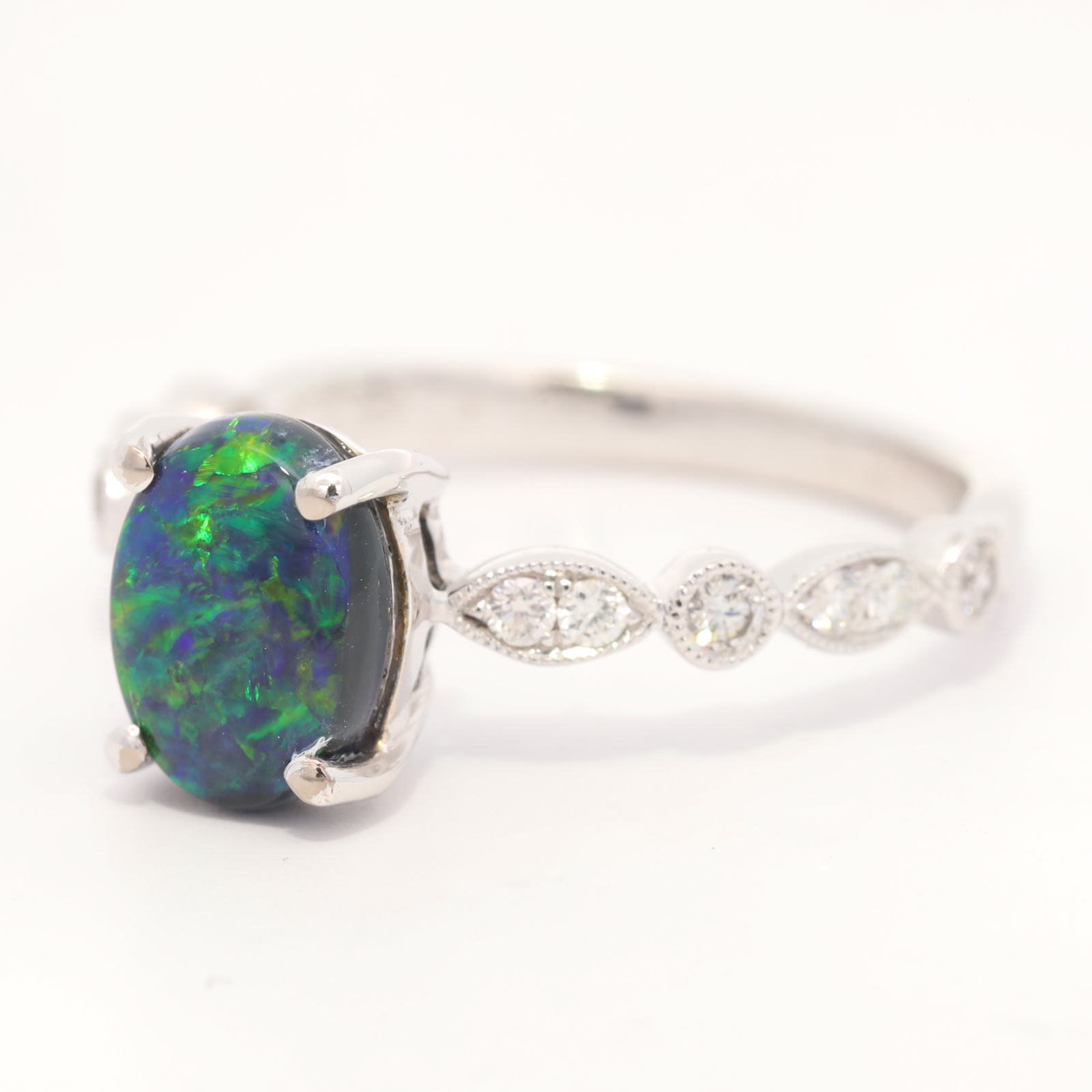 White Gold Blue Green Yellow Black Opal and Diamond Ring