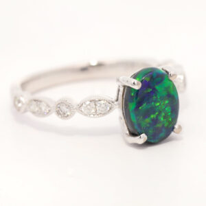 White Gold Blue Green Yellow Black Opal and Diamond Ring