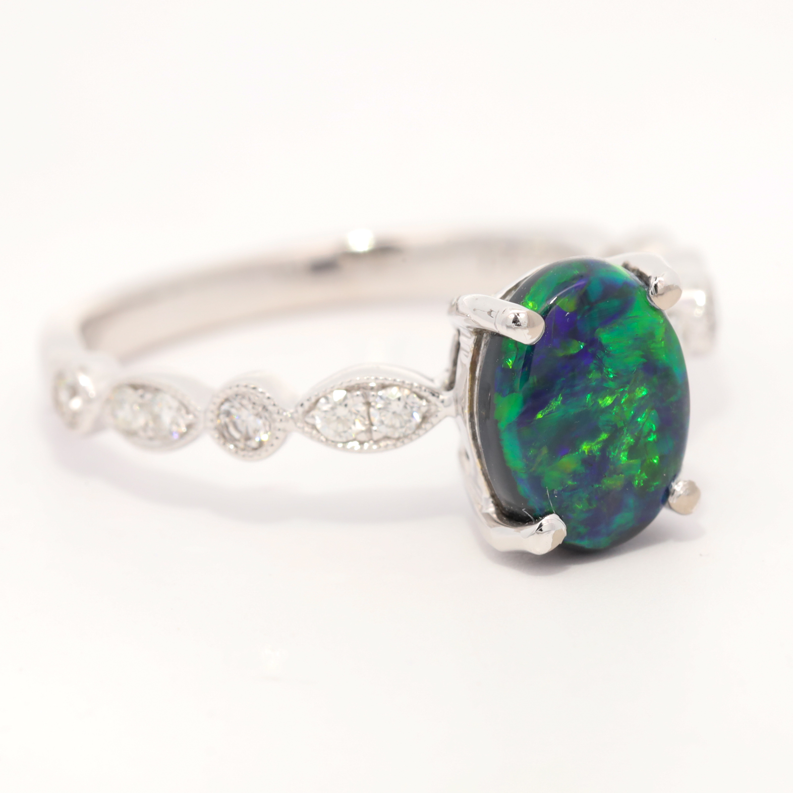 White Gold Blue Green Yellow Black Opal and Diamond Ring