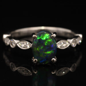 White Gold Blue Green Yellow Black Opal and Diamond Ring