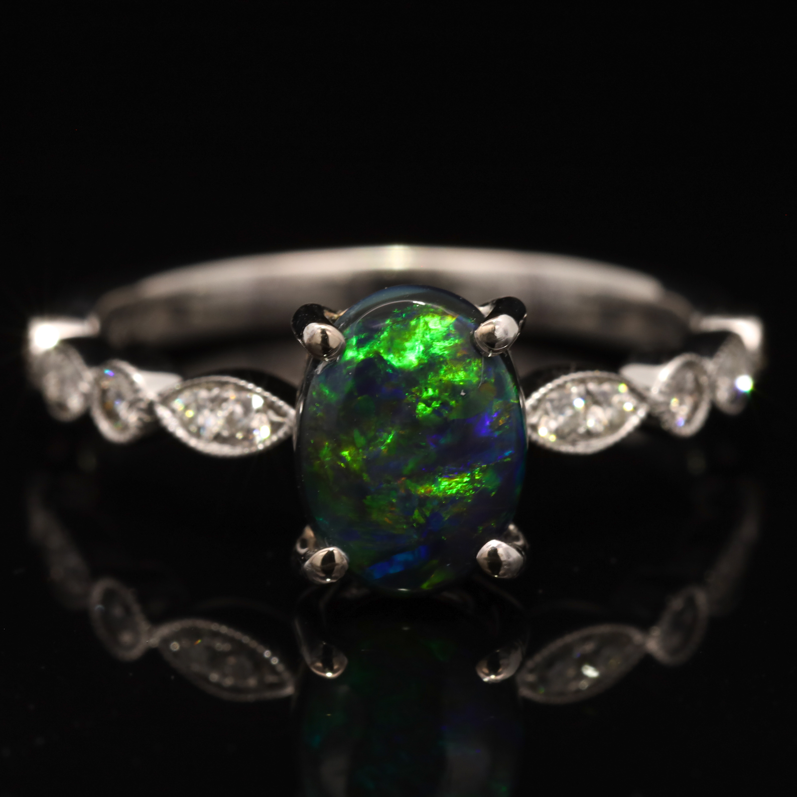 White Gold Blue Green Yellow Black Opal and Diamond Ring