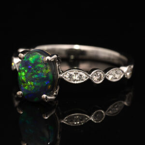White Gold Blue Green Yellow Black Opal and Diamond Ring