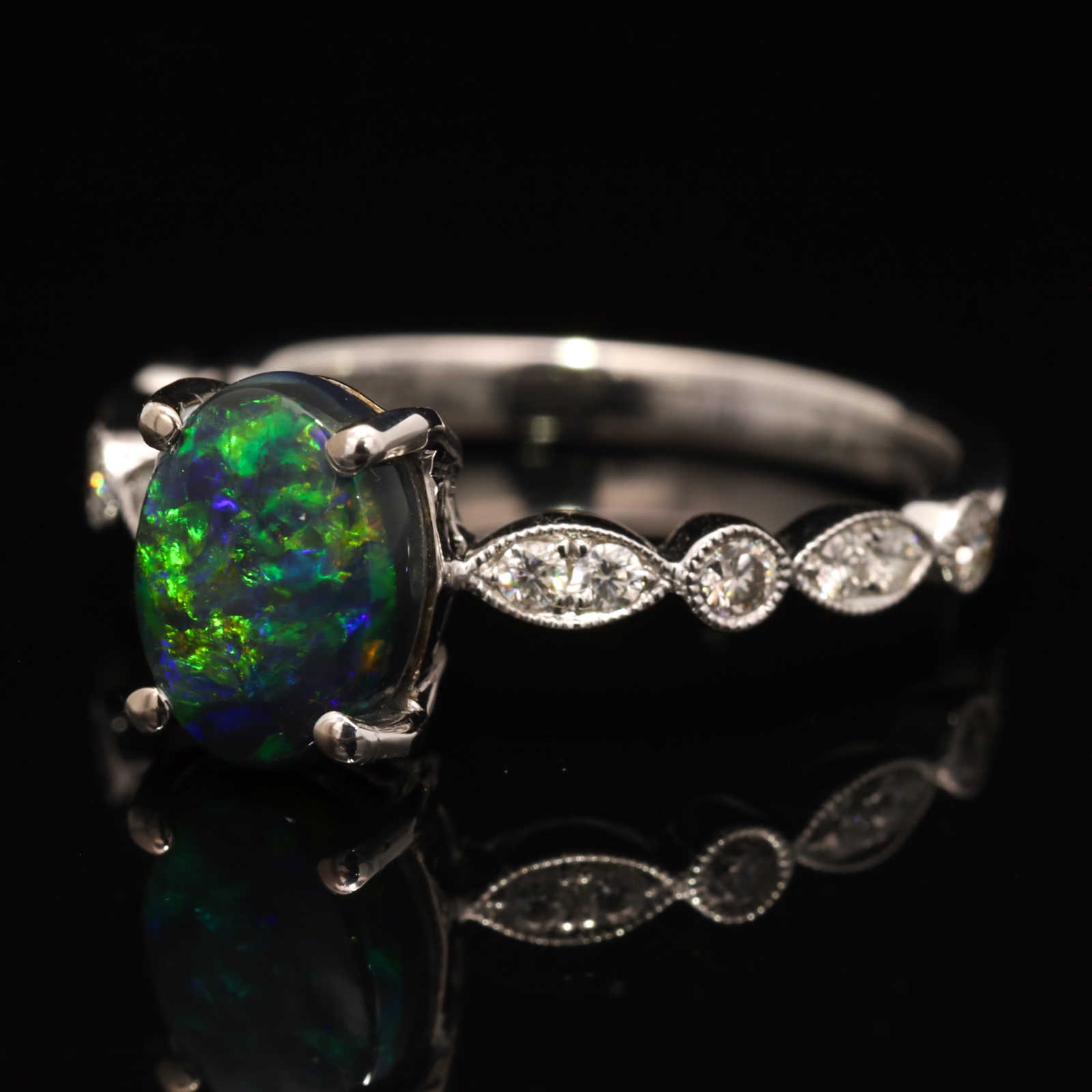 White Gold Blue Green Yellow Black Opal and Diamond Ring