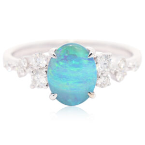White Gold Blue Green Boulder Opal and Diamond Ring