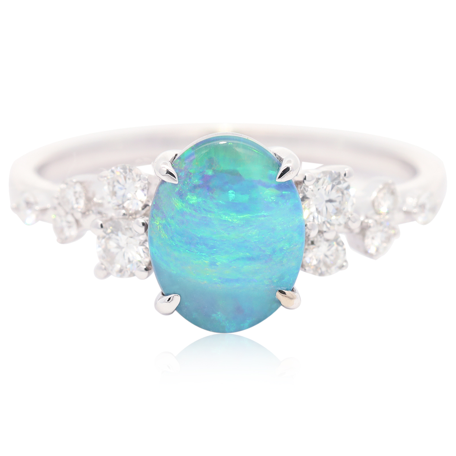 White Gold Blue Green Boulder Opal and Diamond Ring