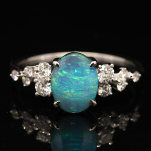 White Gold Blue Green Boulder Opal and Diamond Ring